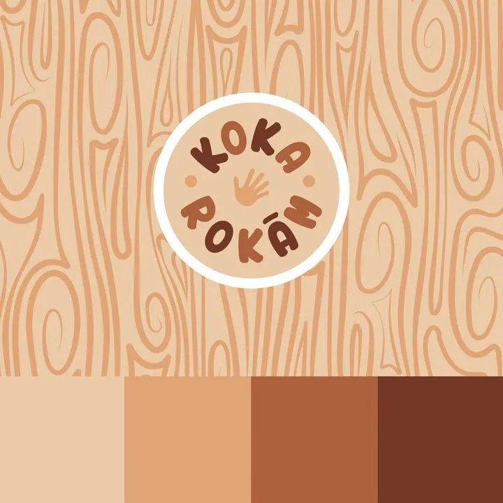 Koka Rokam Logo with main brand wooden texture and colour palette