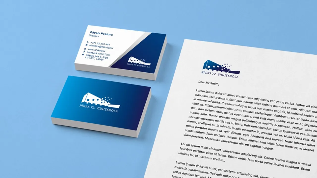 Business cards and official document examples for Rigas 72. vidusskola