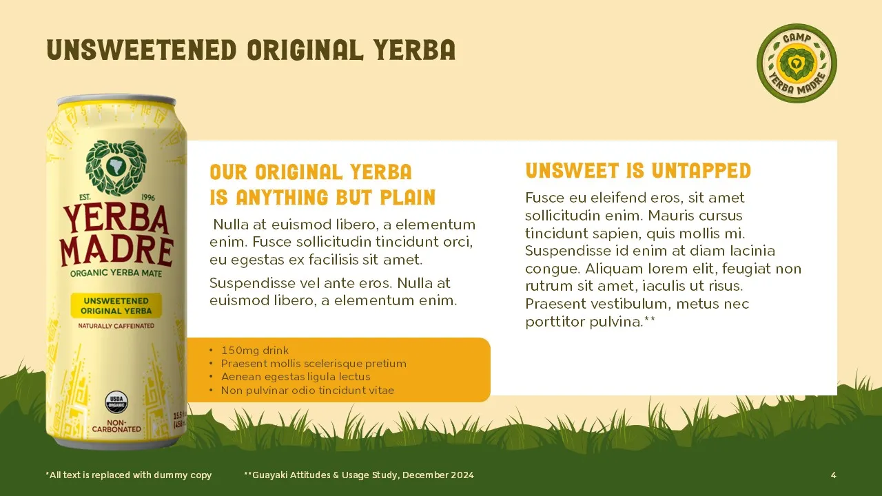 A slide with new product description and features for Camp Yerba Madre
