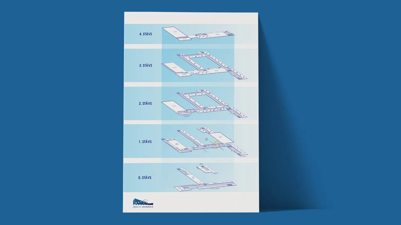 A poster with styled isometric floor plan for 72. vidusskola