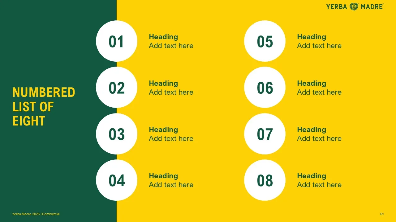 Ordered list for eight entries slide template for Yerba Madre