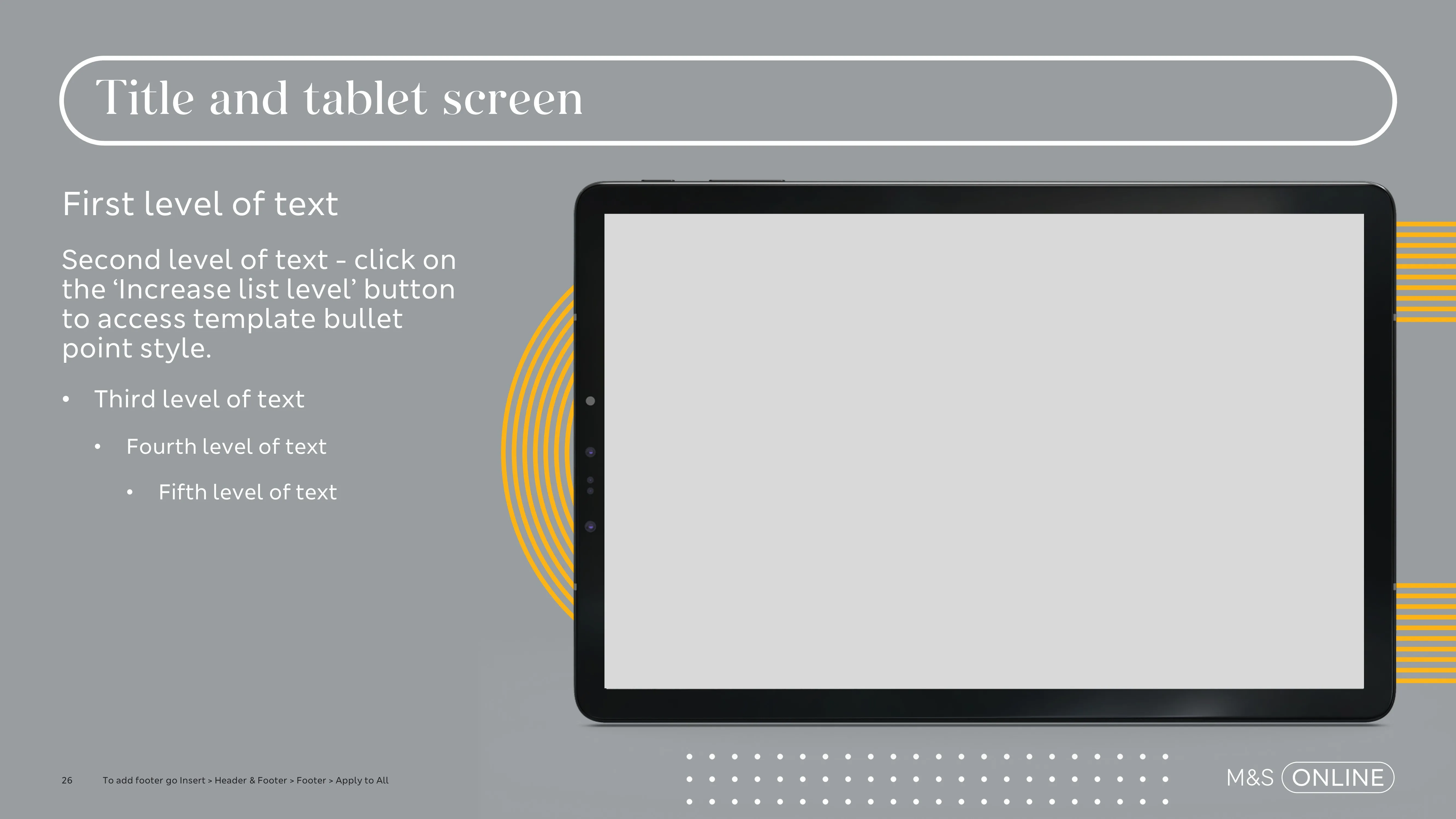 Tablet screen slide for media content template for M&S Online